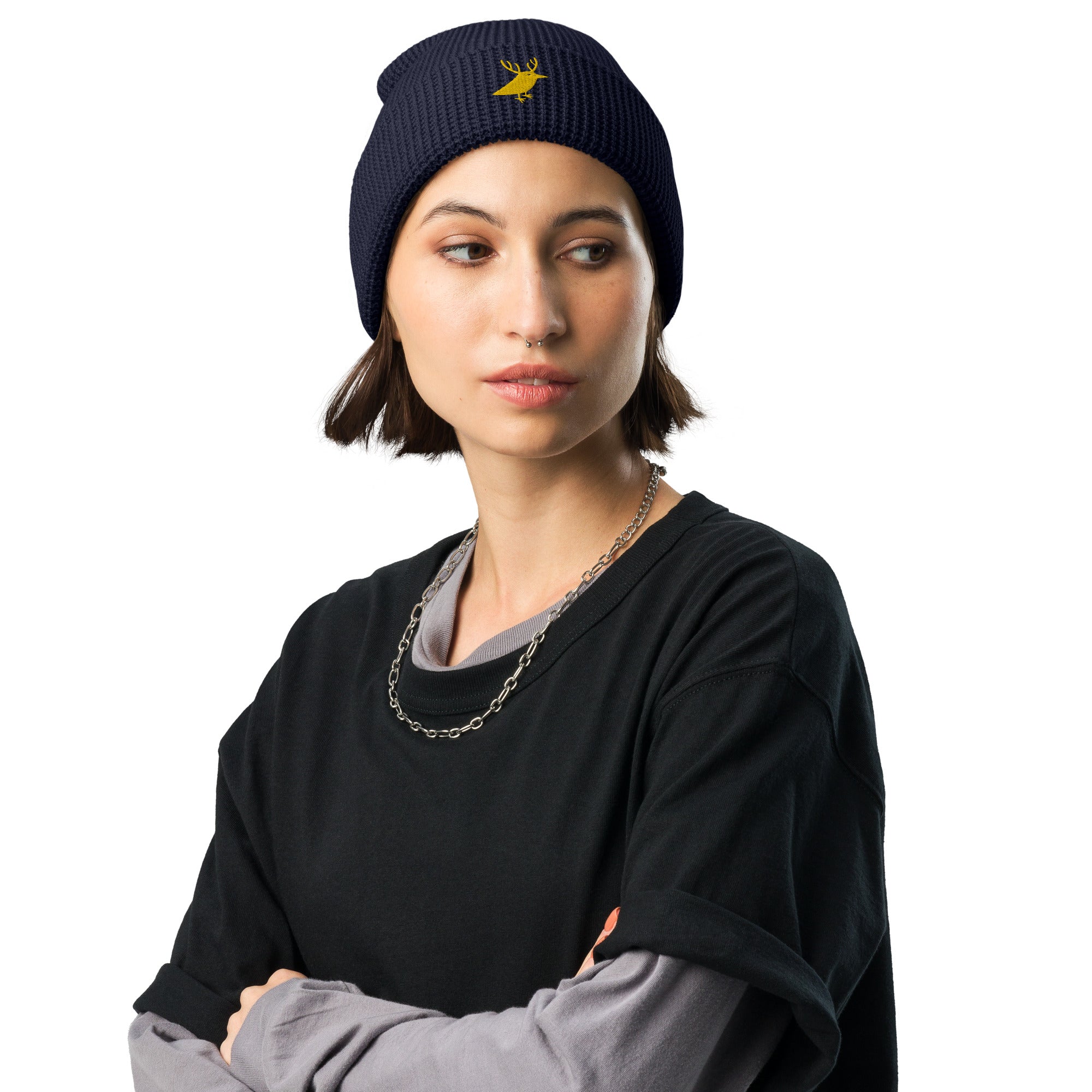 Women's waffle beanie for snowboarding and outdoor navy